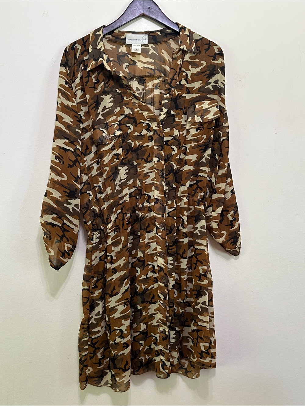 Woven Camo-Print Button Front Tunic Blouse - Brown